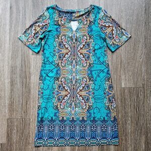 Sunny Leigh Shift Dress Turquoise Blue Paisley Short Sleeve V Neck Knee Length